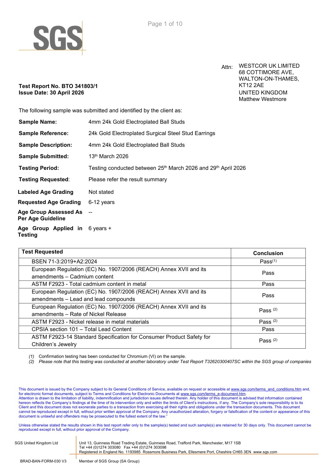 Page 1 of SGS test report BTO 341803/1, with every test listed as Pass.